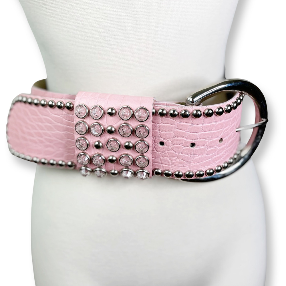 Vintage 1980's Priore Wide Baby Pink Bling Bedazzled Faux Leather Belt